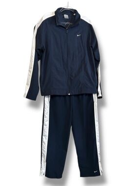 Nike Girls Youth Track Suit Navy Blue Set White Strips Jacket Pants Size 12-14
